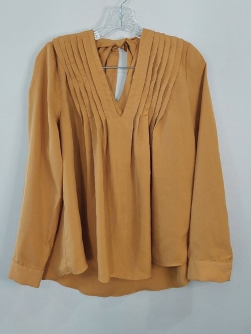 The Korner Women's Blouse Medium Mustard Yellow Brown Long Sleeve Vneck Tie Back
